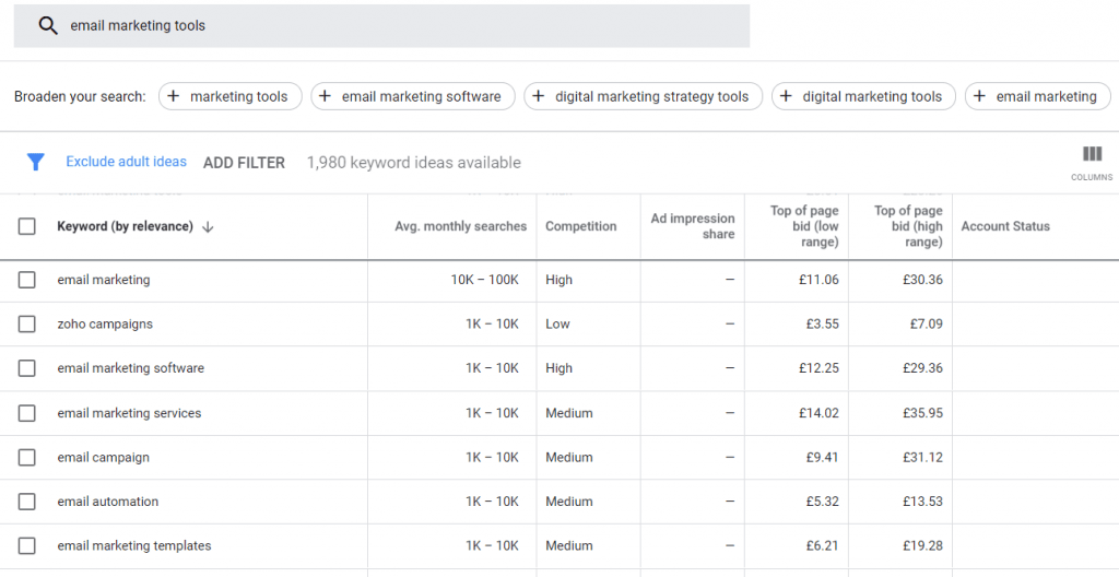 suggestion results for email marketing tools