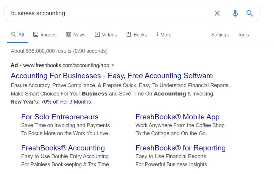 Google PPC ad search result for business accounting