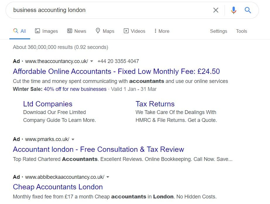 Google PPC ad result for business accounting in london