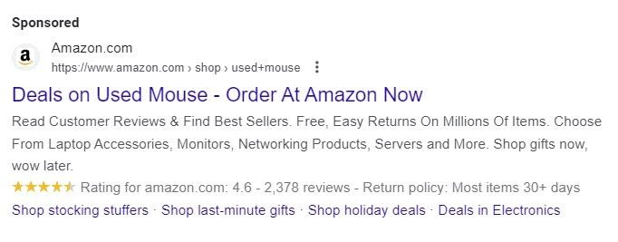 Google PPC ad for amazon