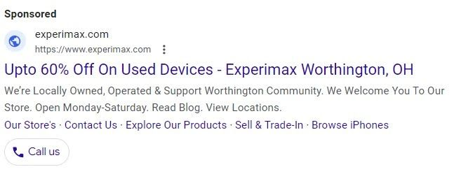 Google PPC ad for experimax