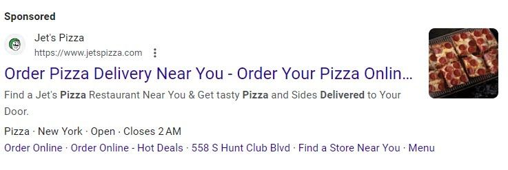 PPC ad for Jet's Pizza