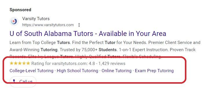 PPC ad for Varsity Tutors