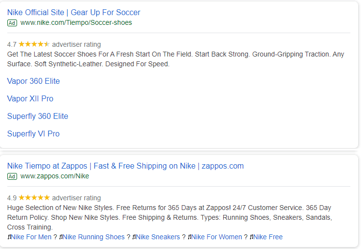 Google PPC ad result sample of Nike 