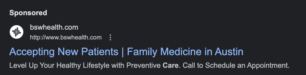 PPC ad for bswhealth