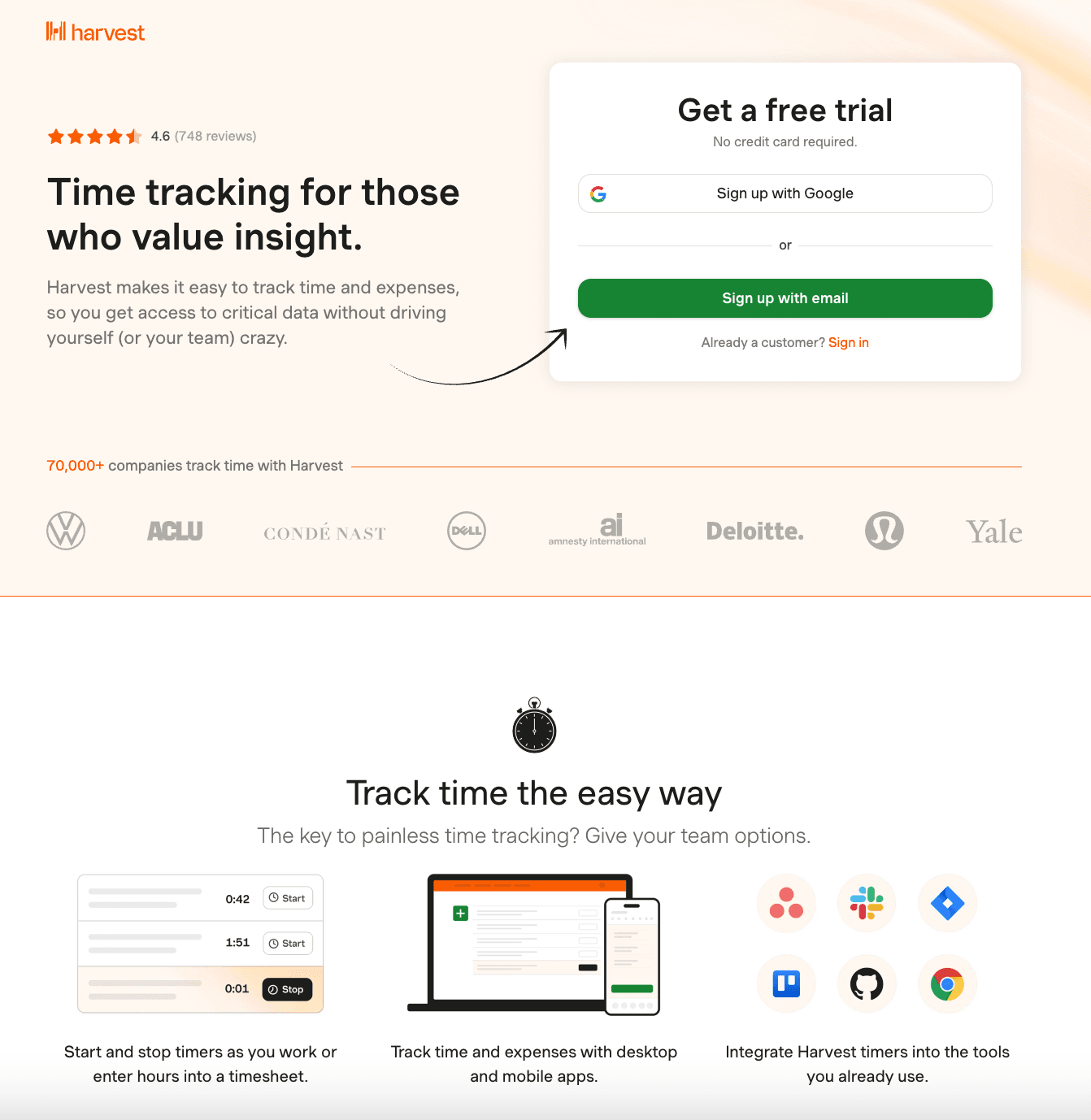 PPC landing page from Harvest