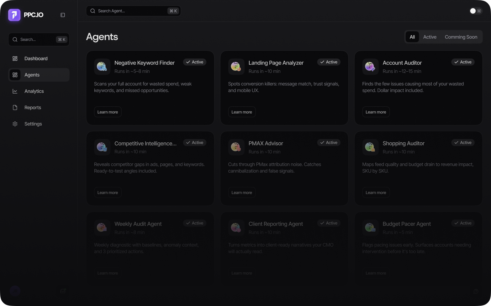 A preview of the PPC.io Agents workspace