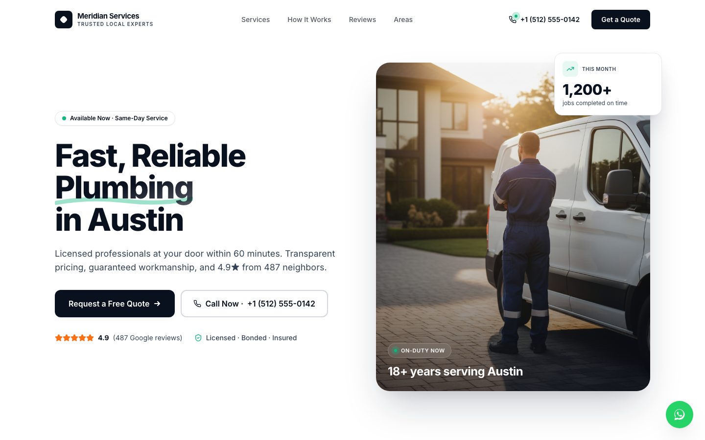The Base44 community template Local Leads Pro: a plumber page with the headline Fast, Reliable Plumbing in Austin, Request a Free Quote and Call Now buttons and a photo of a van