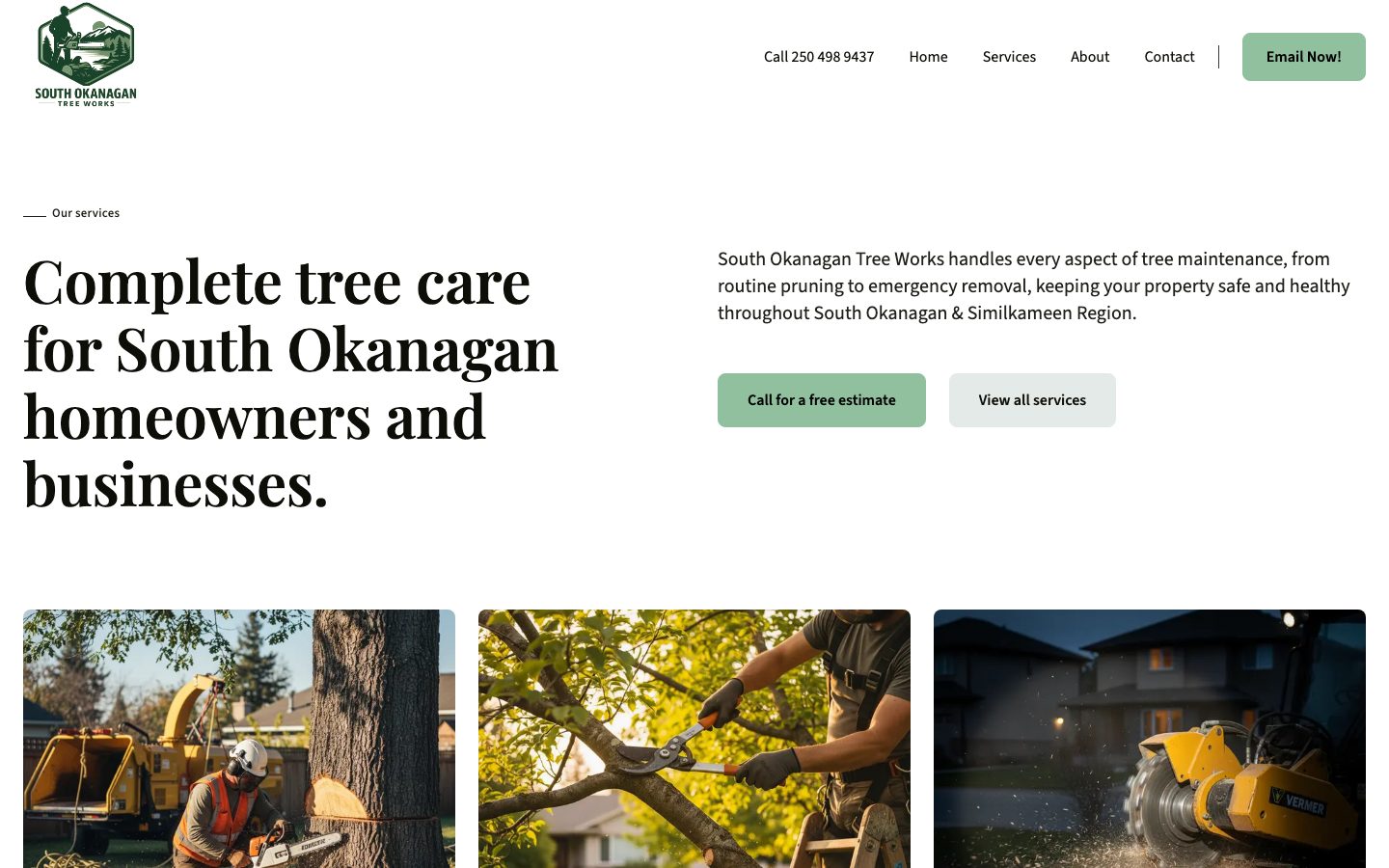 The South Okanagan Tree Works site built with Durable: the headline Complete tree care for South Okanagan homeowners and businesses, a Call for a free estimate button and three photos