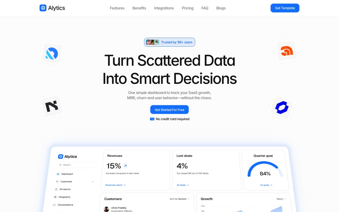 The Framer template Alytics: a white SaaS page with the headline Turn Scattered Data Into Smart Decisions, a Get Started For Free button and a dashboard below