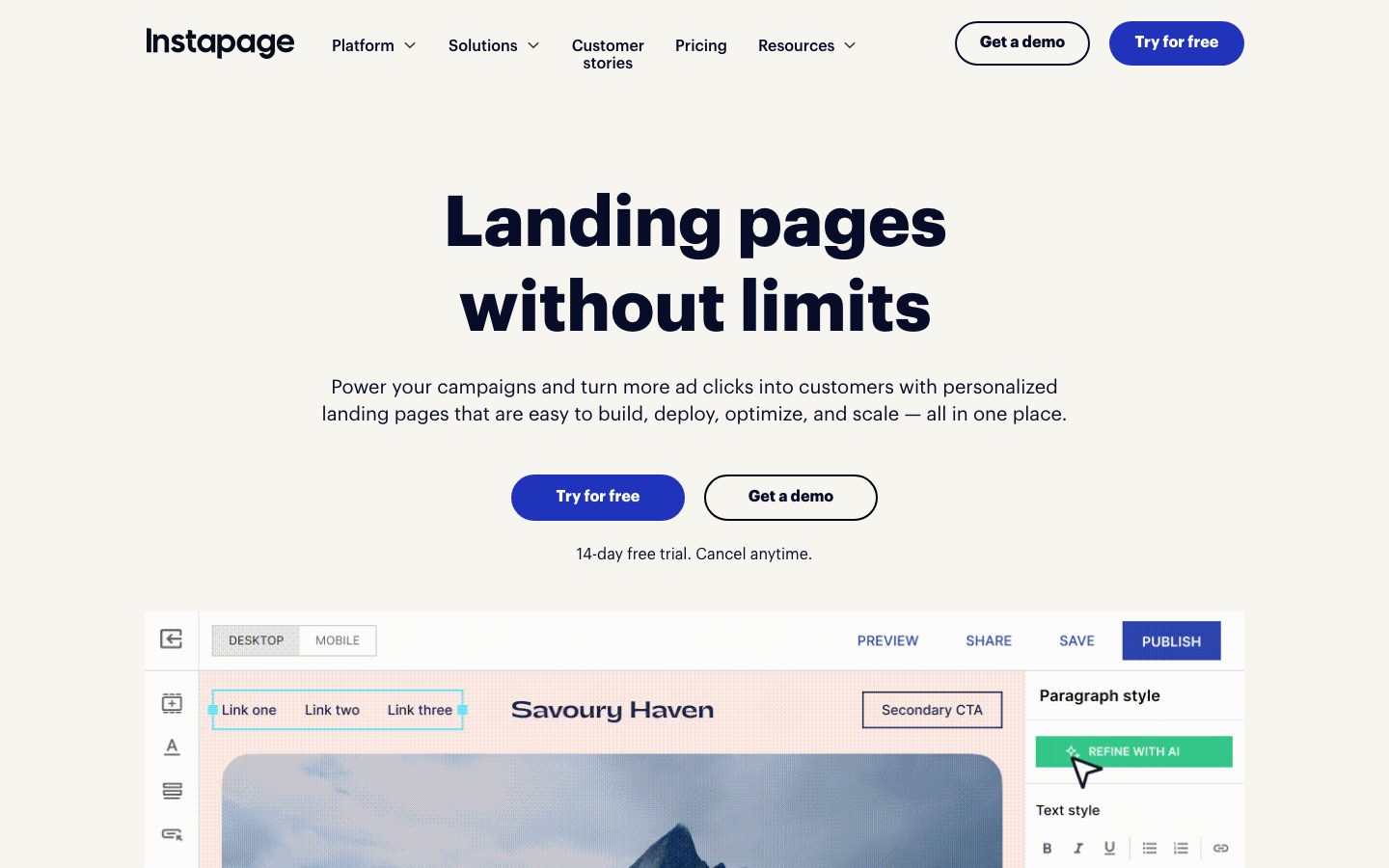 Instapage's home page, built with Instapage: the headline Landing pages without limits, Try for free and Get a demo buttons, and the page editor below