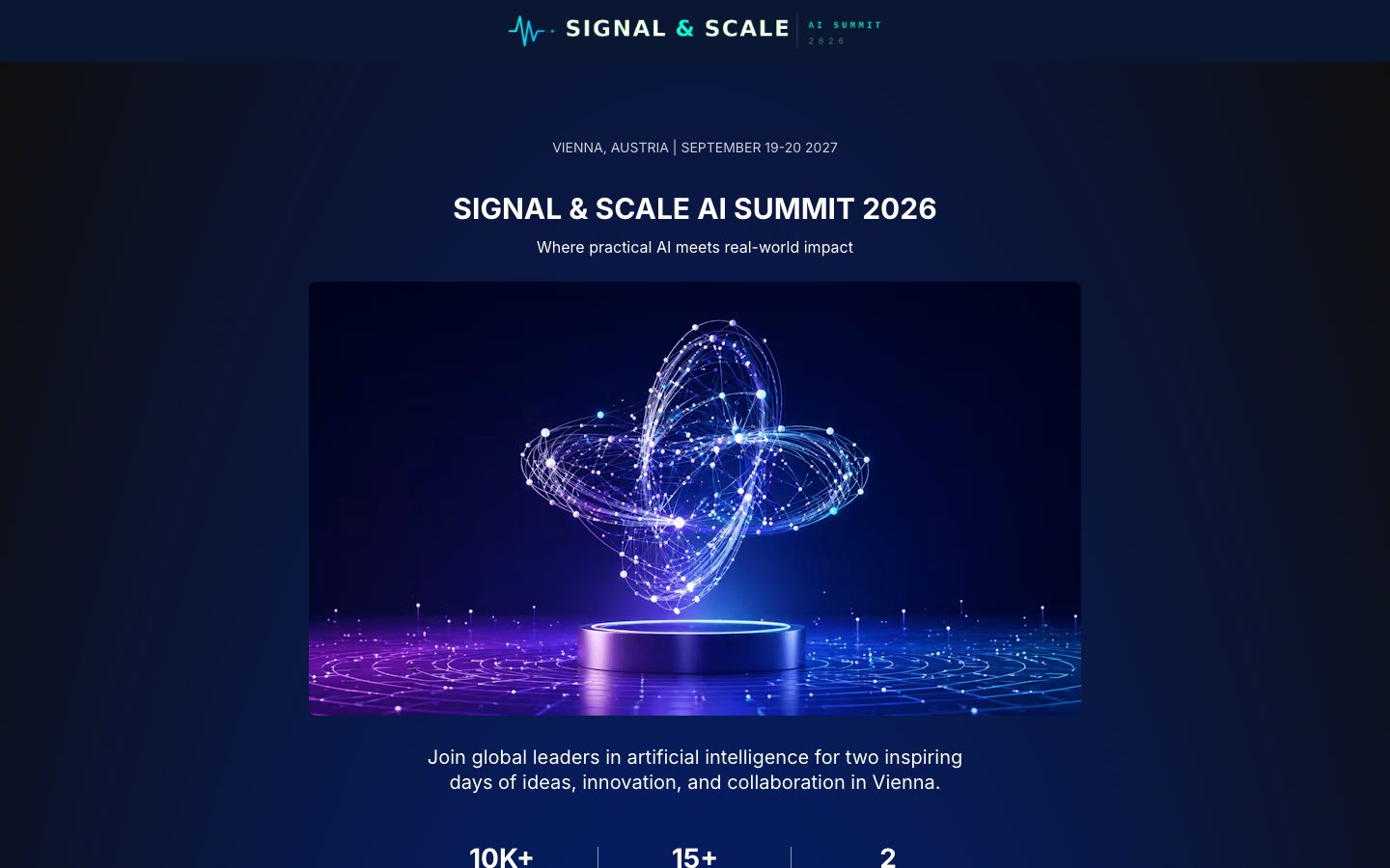 The involve.me Event Landing Page template: a dark page for an AI summit in Vienna with a glowing 3D shape and the event dates