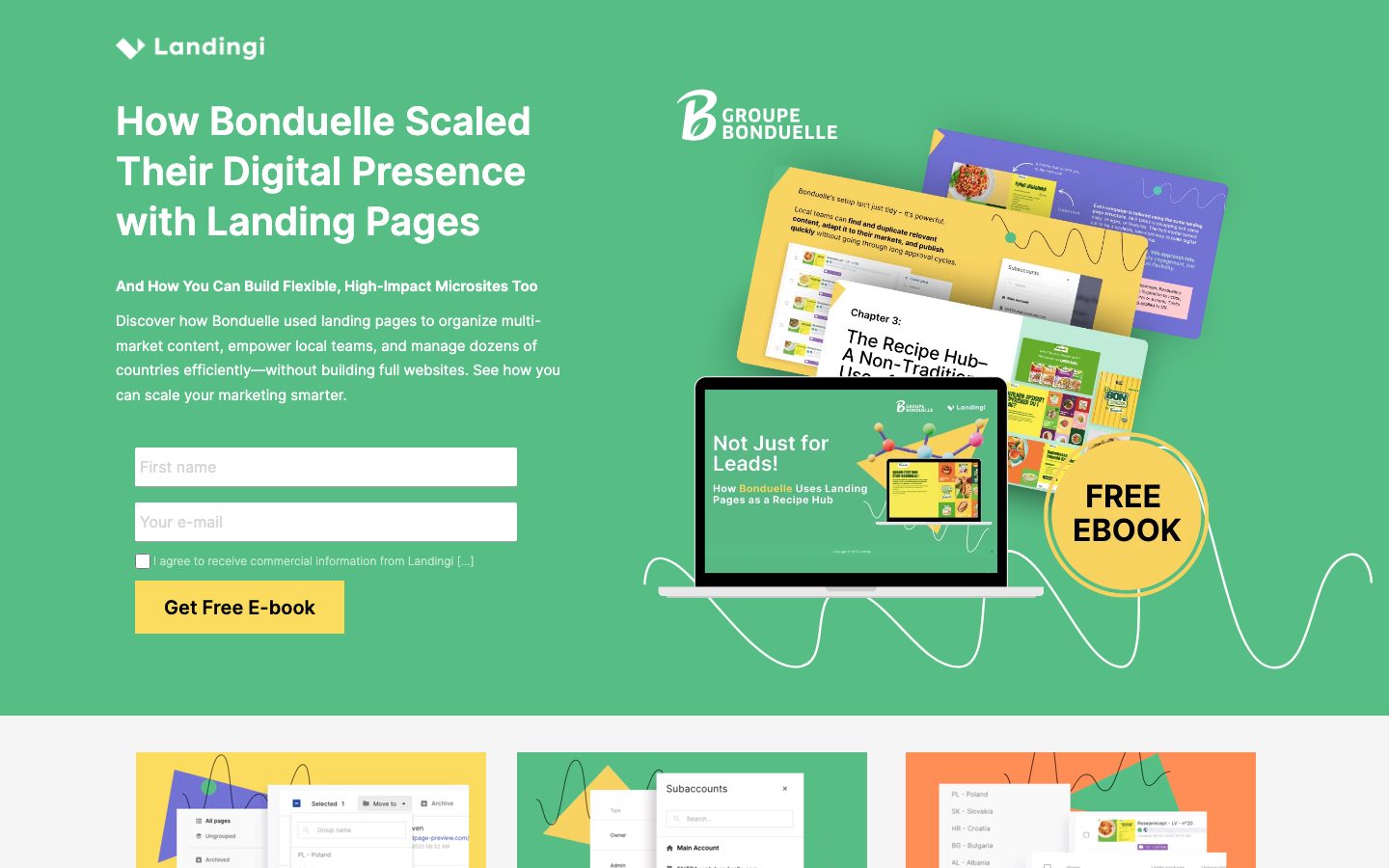 A Landingi page for Bonduelle: a green case study page with the headline How Bonduelle Scaled Their Digital Presence with Landing Pages and an ebook form on the first screen