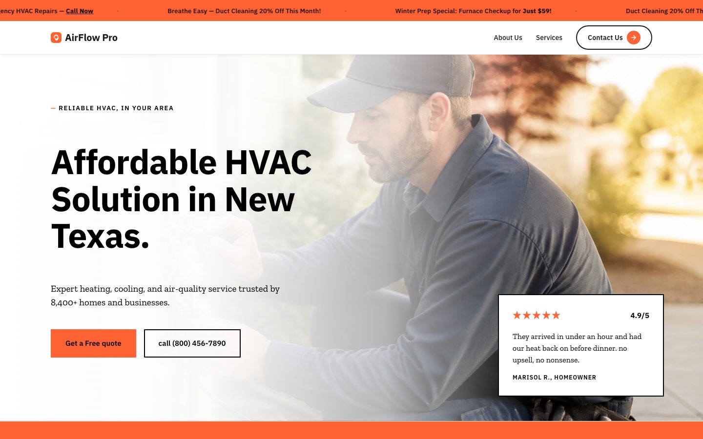 A Leadpages HVAC template with the headline Affordable HVAC Solution in New Texas, a Get a Free quote button, a call button and a review card