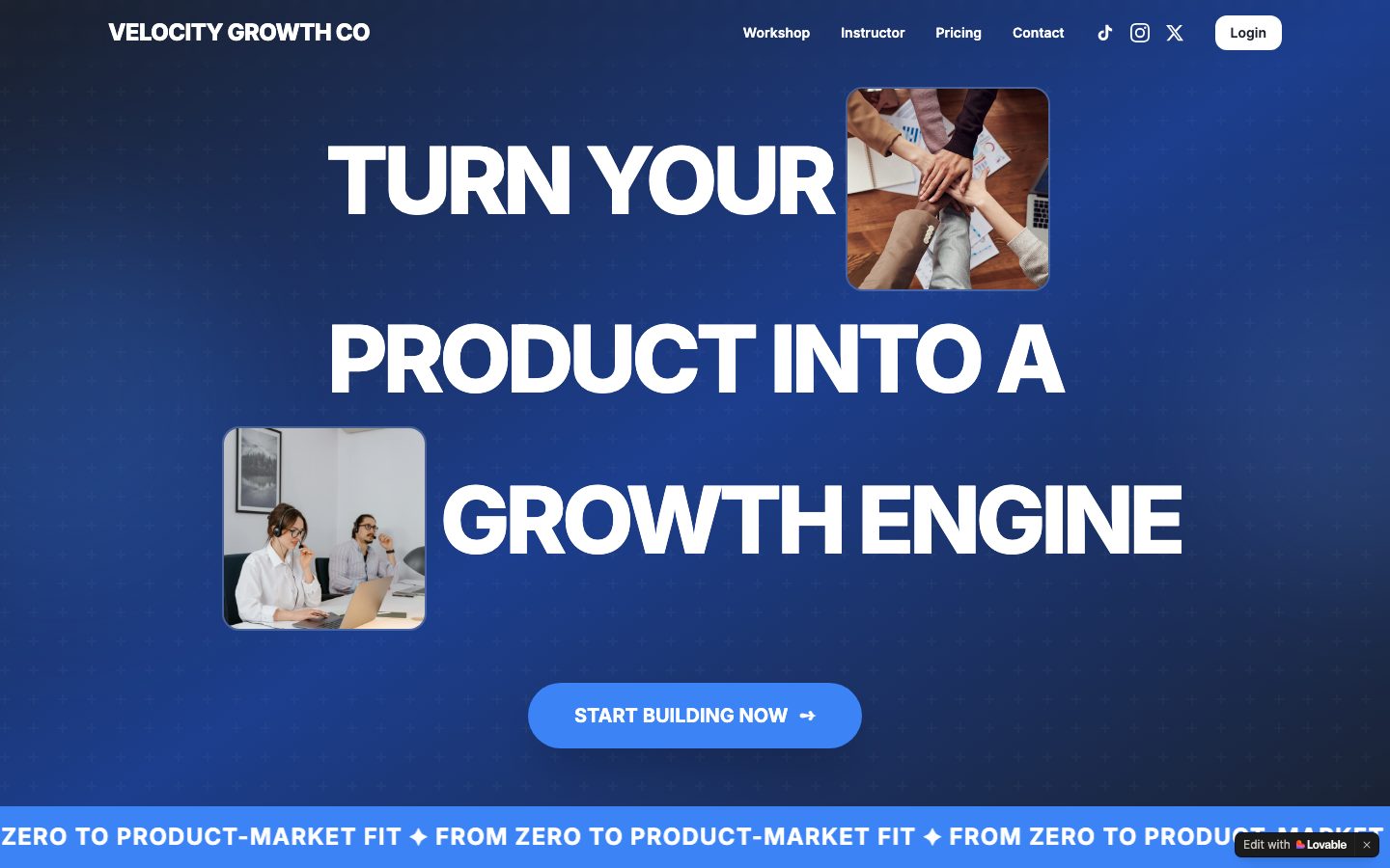 A Lovable template: a blue workshop page with the headline Turn your product into a growth engine and a Start building now button