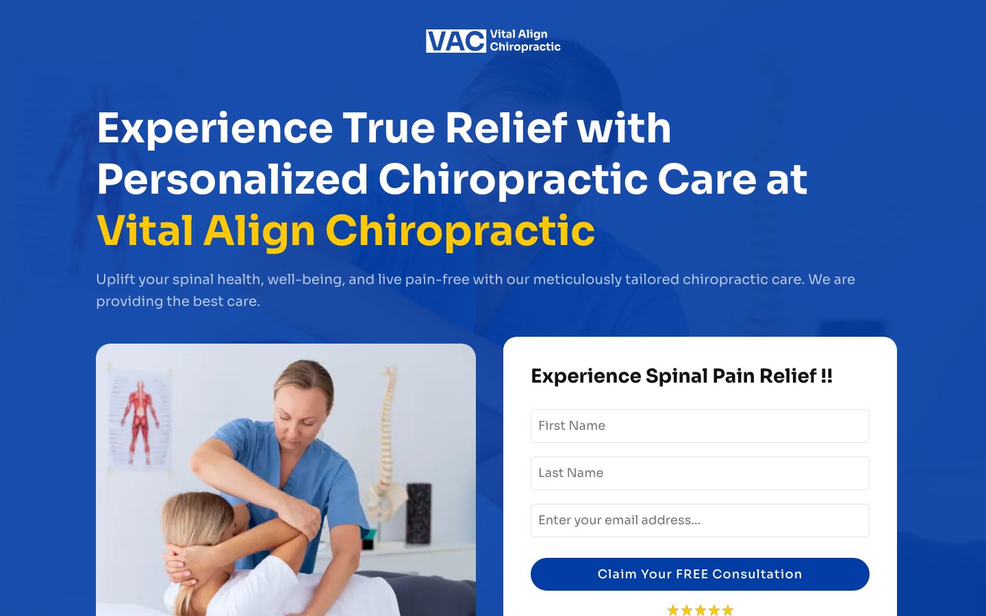 A Swipe Pages chiropractor template with a three-field consultation form on the first screen next to a photo of a treatment