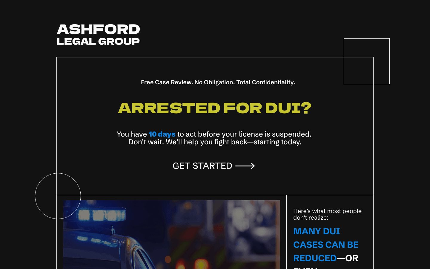 The Unbounce template Ashford: a dark DUI lawyer page with the headline Arrested for DUI and a Get started link, with no form on the first screen