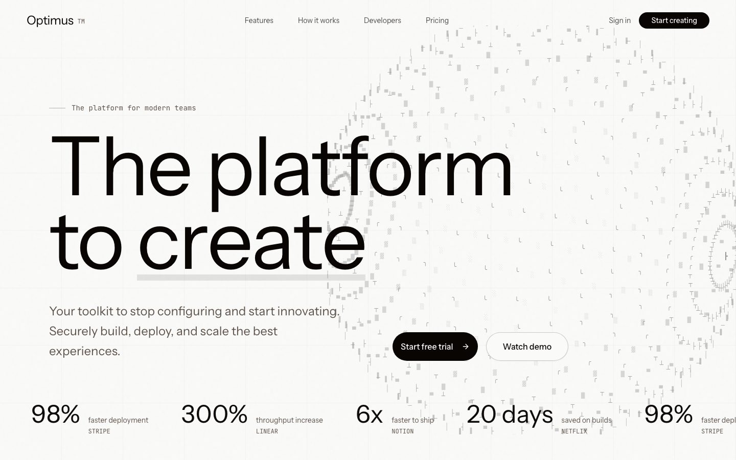 The v0 community template Optimus: a light developer platform page with the headline The platform to create and Start free trial and Watch demo buttons