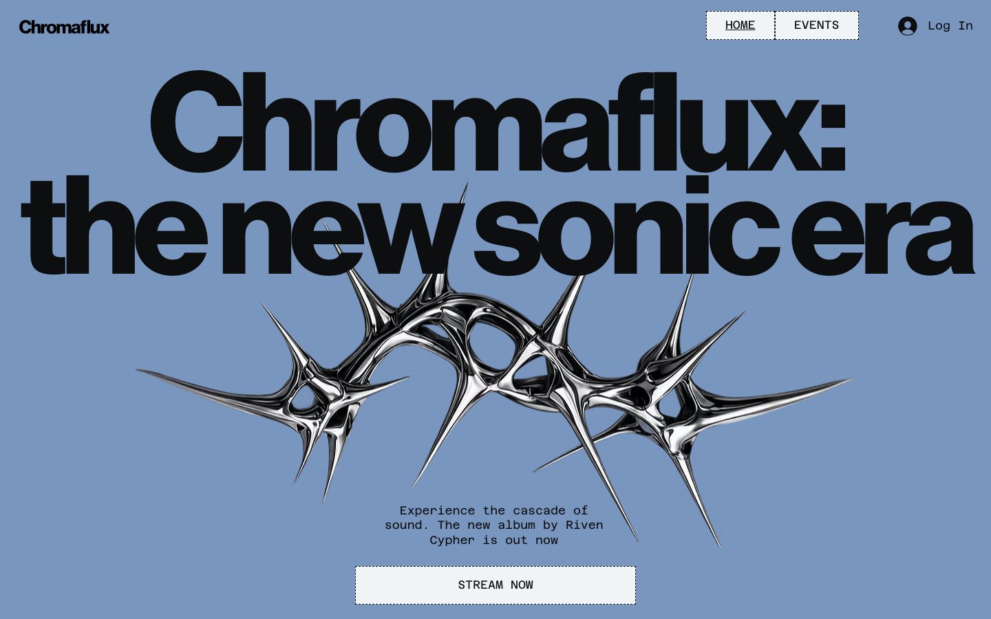 The Wix template New Album Landing Page: a blue page with the huge headline Chromaflux: the new sonic era, a silver 3D shape and a Stream now button