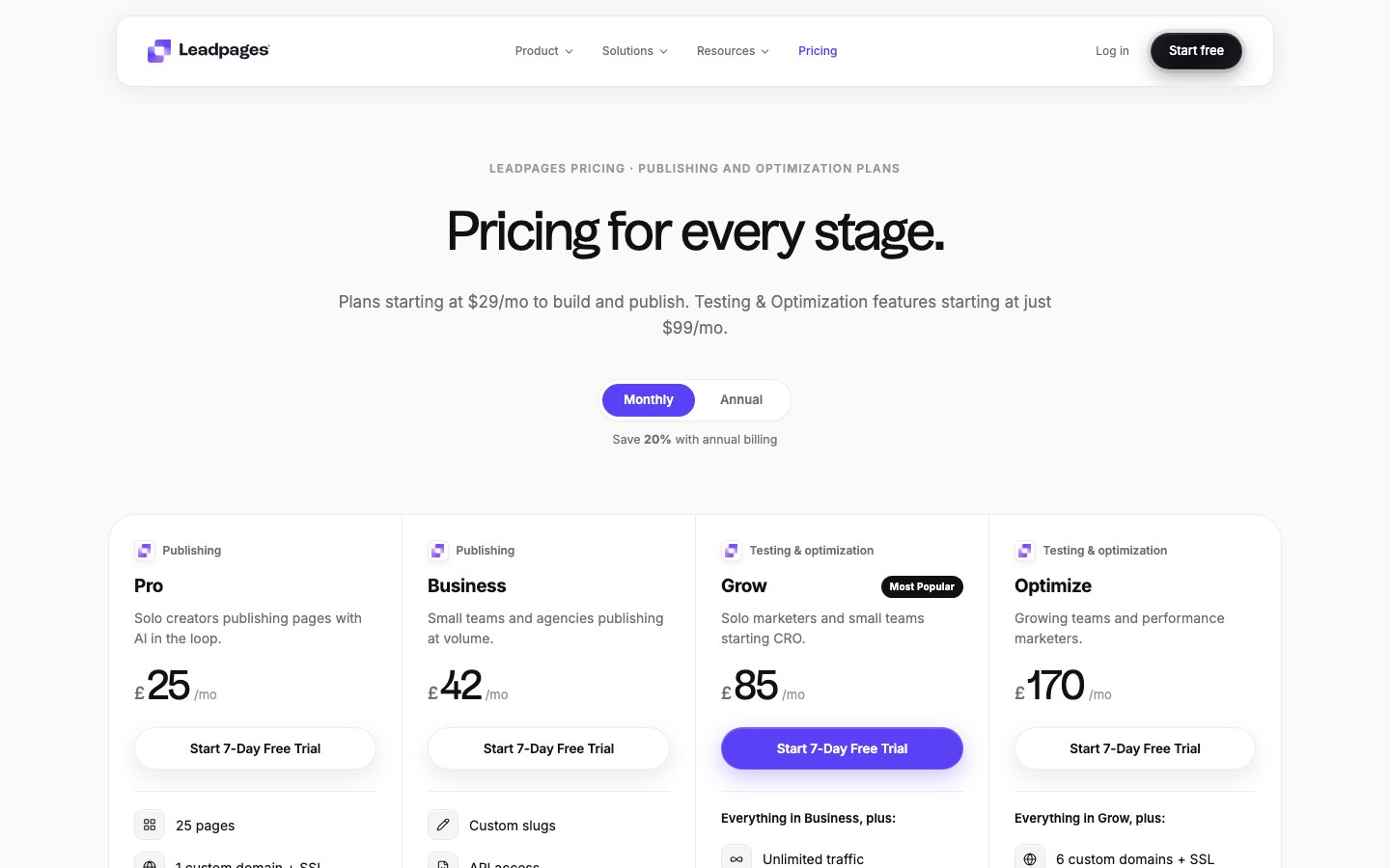 Leadpages pricing on 10 October 2026: Pro at £25, Business £42, Grow £85 and Optimize £170 a month, with the header reading plans from $29 a month