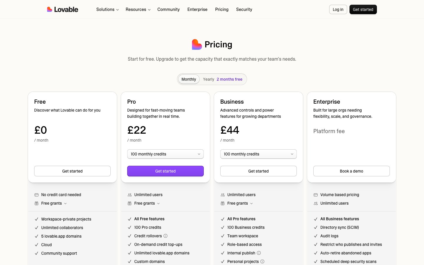 Lovable's pricing page on 10 October 2026: Free at £0, Pro at £22 a month with 100 monthly credits, Business at £44