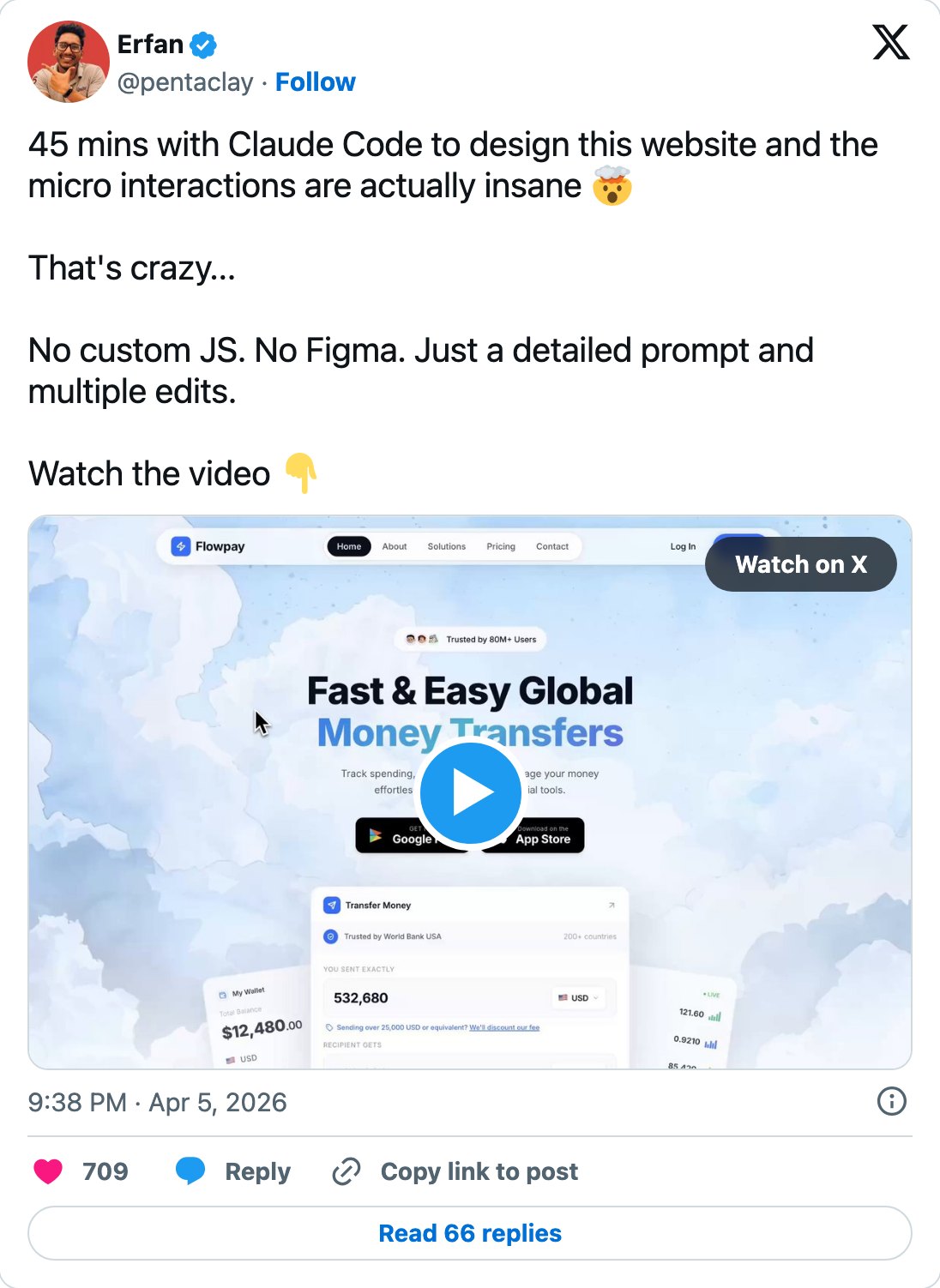 Erfan's post on X: 45 minutes with Claude Code to design a money transfer site, with a Trusted by 80M+ Users badge on a demo brand