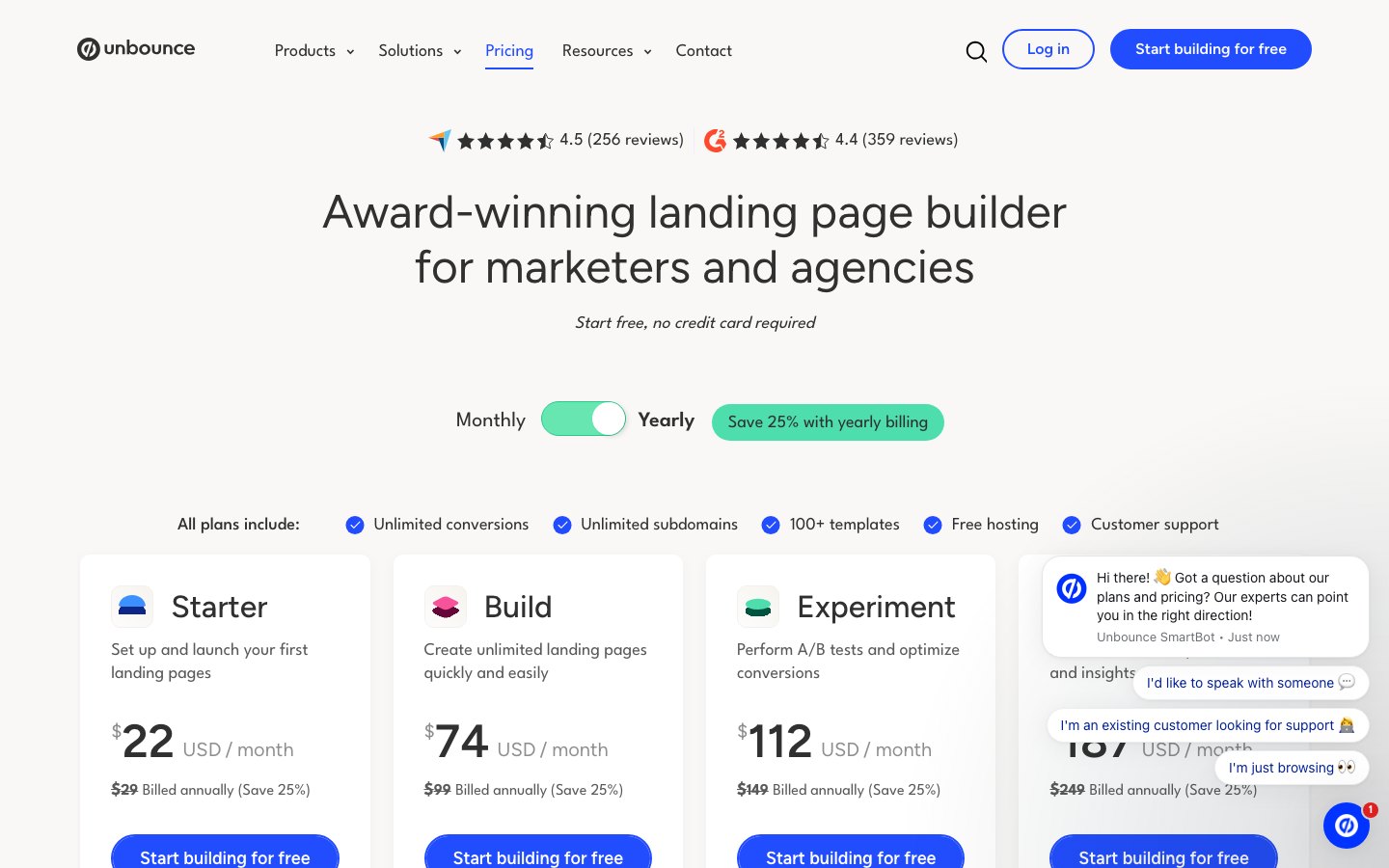 Unbounce pricing on 10 October 2026 with yearly billing on: Starter $22, Build $74 and Experiment $112 a month