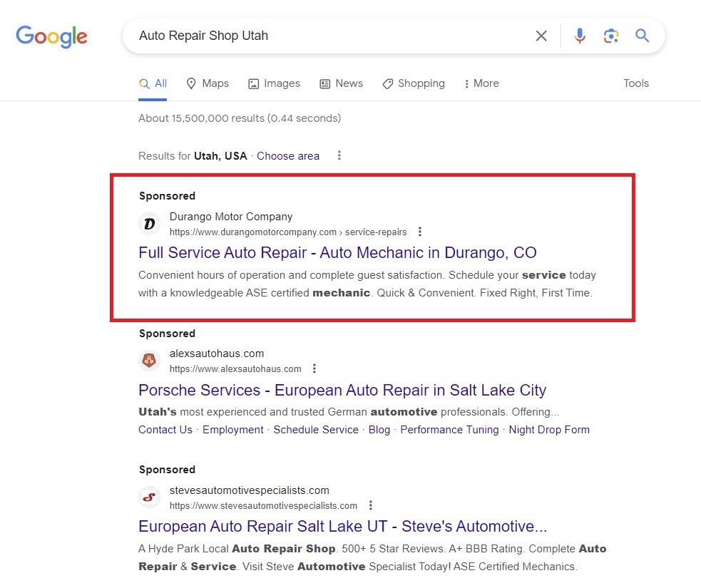 search results for auto repair shops in utah