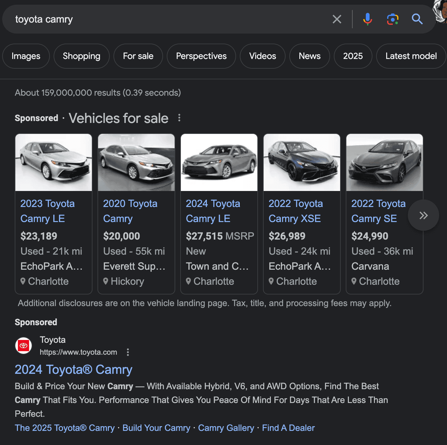 Google search results for toyota camry