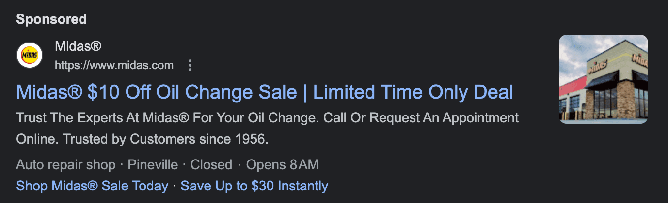 PPC ad for Midas