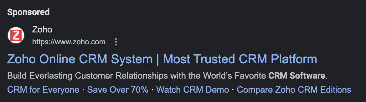 PPC ad for Zoho