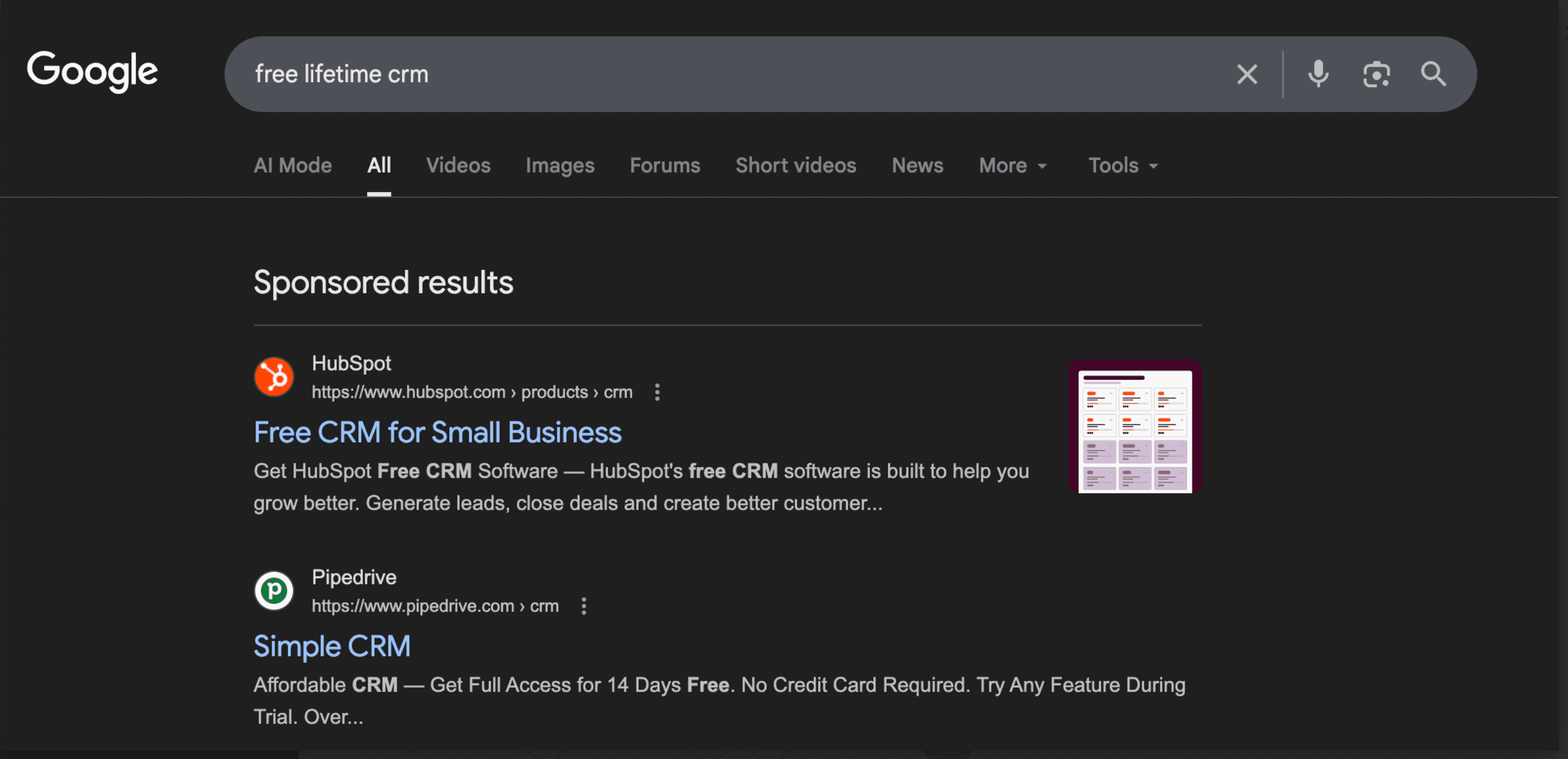 HubSpot free lifetime CRM search term example