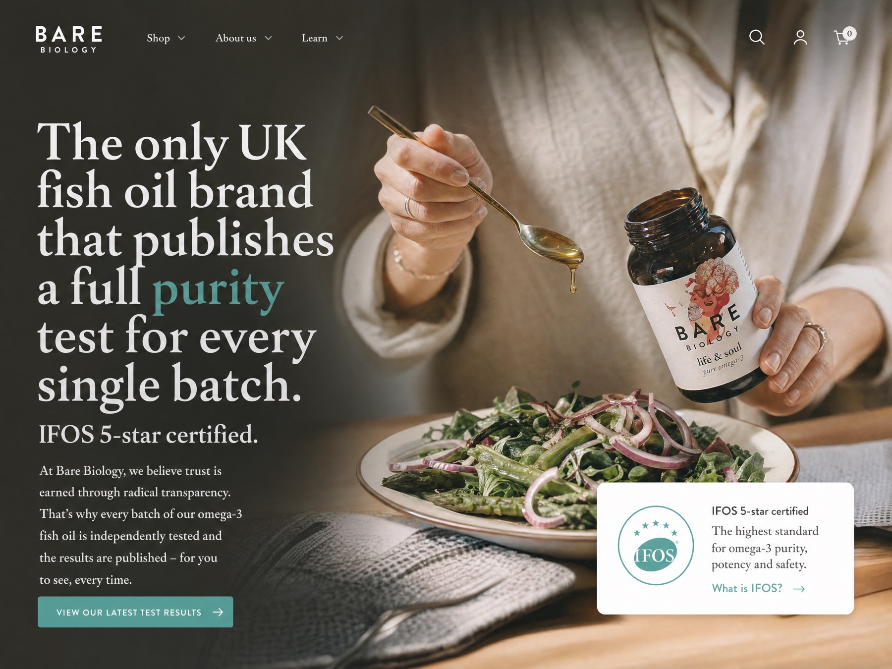Bare Biology Postclick concept leading with published batch testing