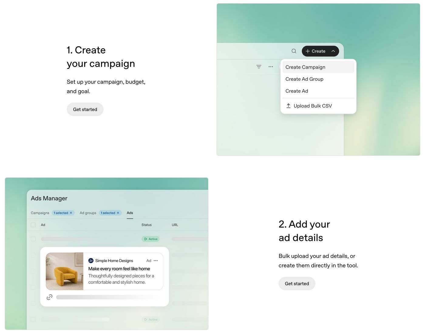 ChatGPT Ads Manager from OpenAI's advertiser page: a Create menu with Create Campaign, Create Ad Group, Create Ad and Upload Bulk CSV, and an ads list showing a sponsored ad for Simple Home Designs