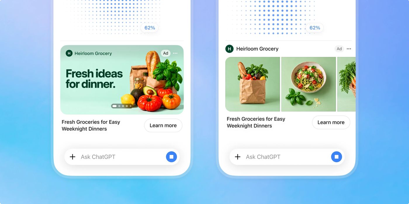 OpenAI's example of the new visual ad format: a grocery brand called Heirloom Grocery shows a labelled ad with the headline Fresh ideas for dinner and a Learn more button, next to an image ChatGPT is generating
