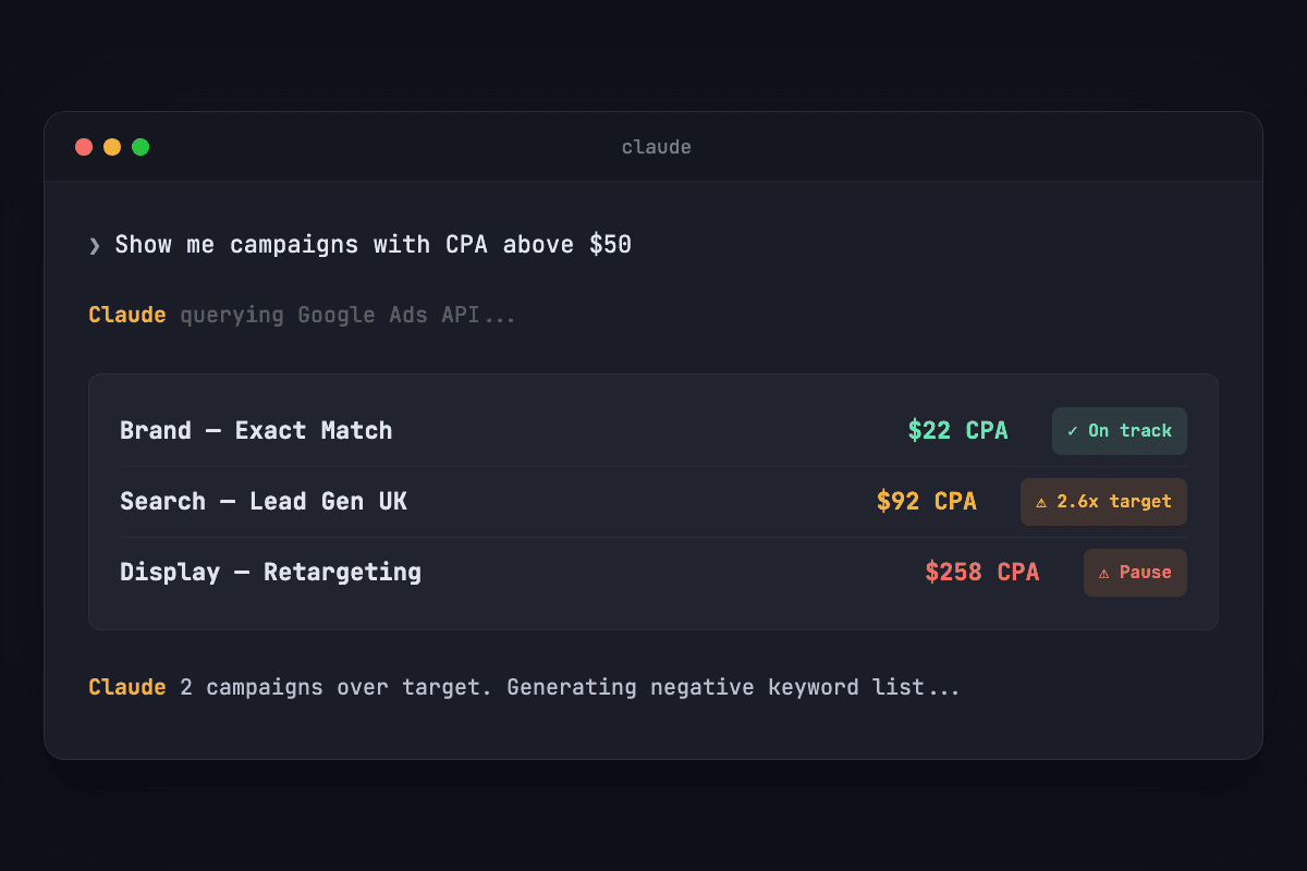 Claude Code querying Google Ads data directly from the terminal