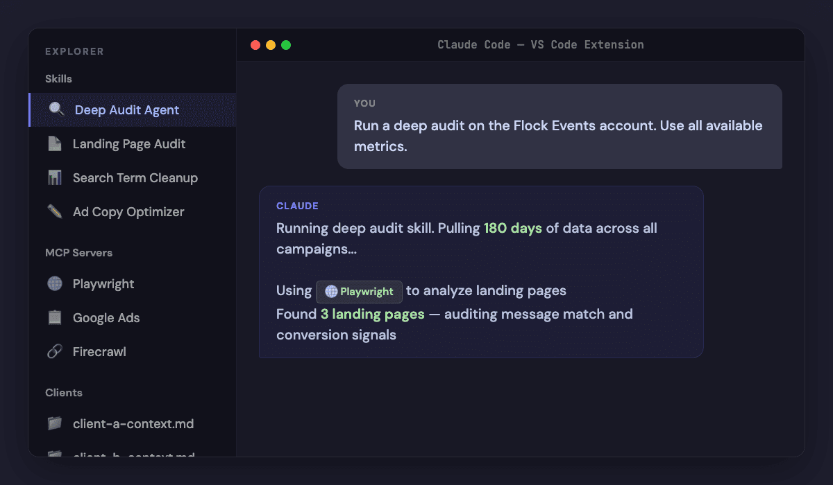 Claude Code running inside VS Code with skills and MCP servers in the sidebar