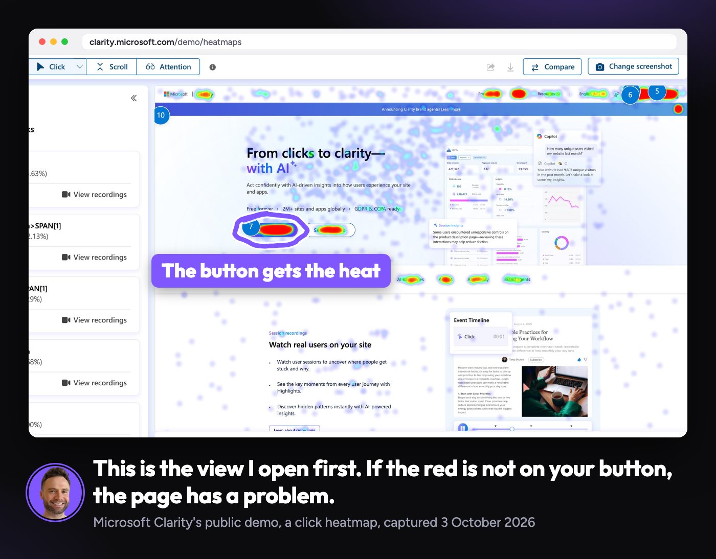 Microsoft Clarity's click heatmap on its public demo, with the most clicks in red on the Get started button