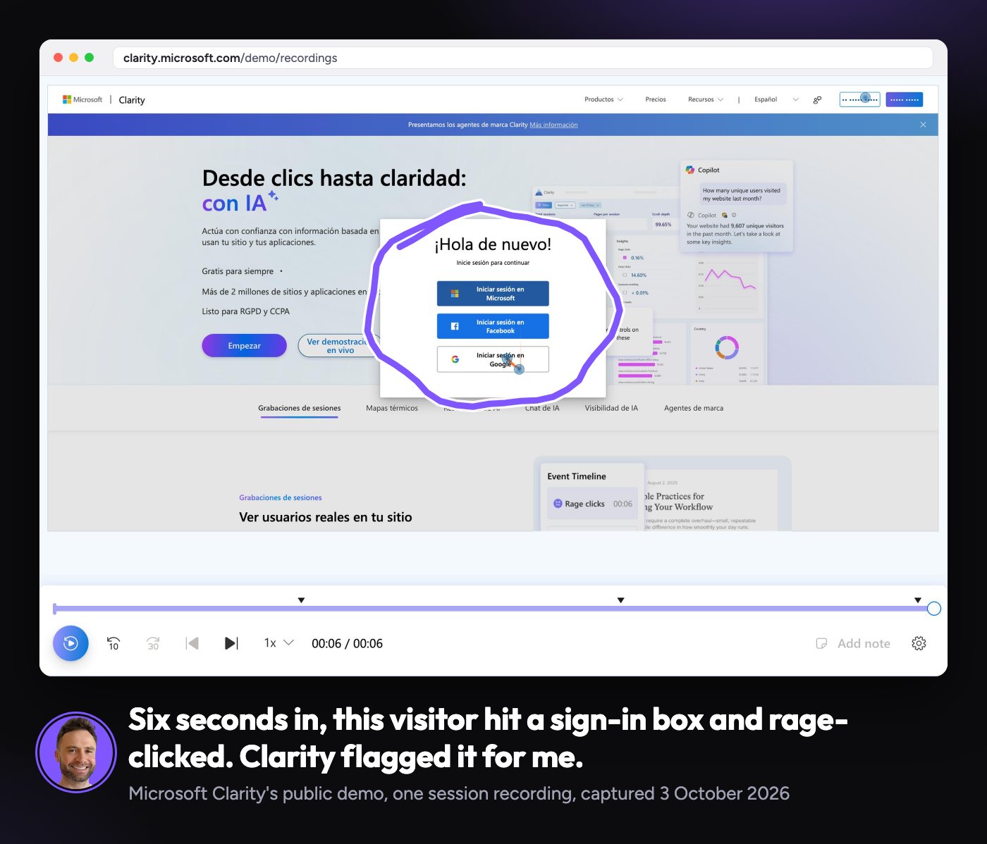 A six-second Microsoft Clarity session recording where the visitor meets a sign-in box and rage-clicks, with the rage click marked on the event timeline