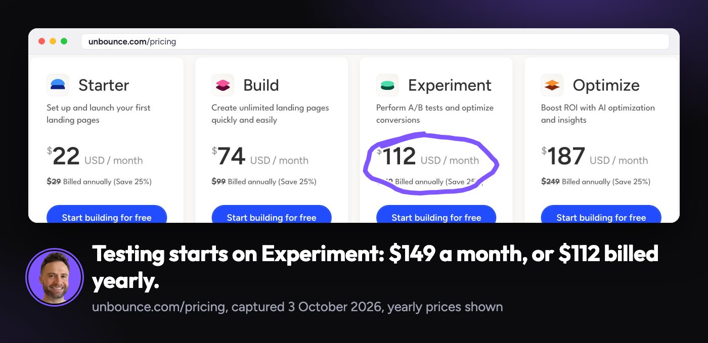 Unbounce pricing on 3 October 2026, with the Experiment plan at $112 a month billed yearly, the first plan with A/B testing