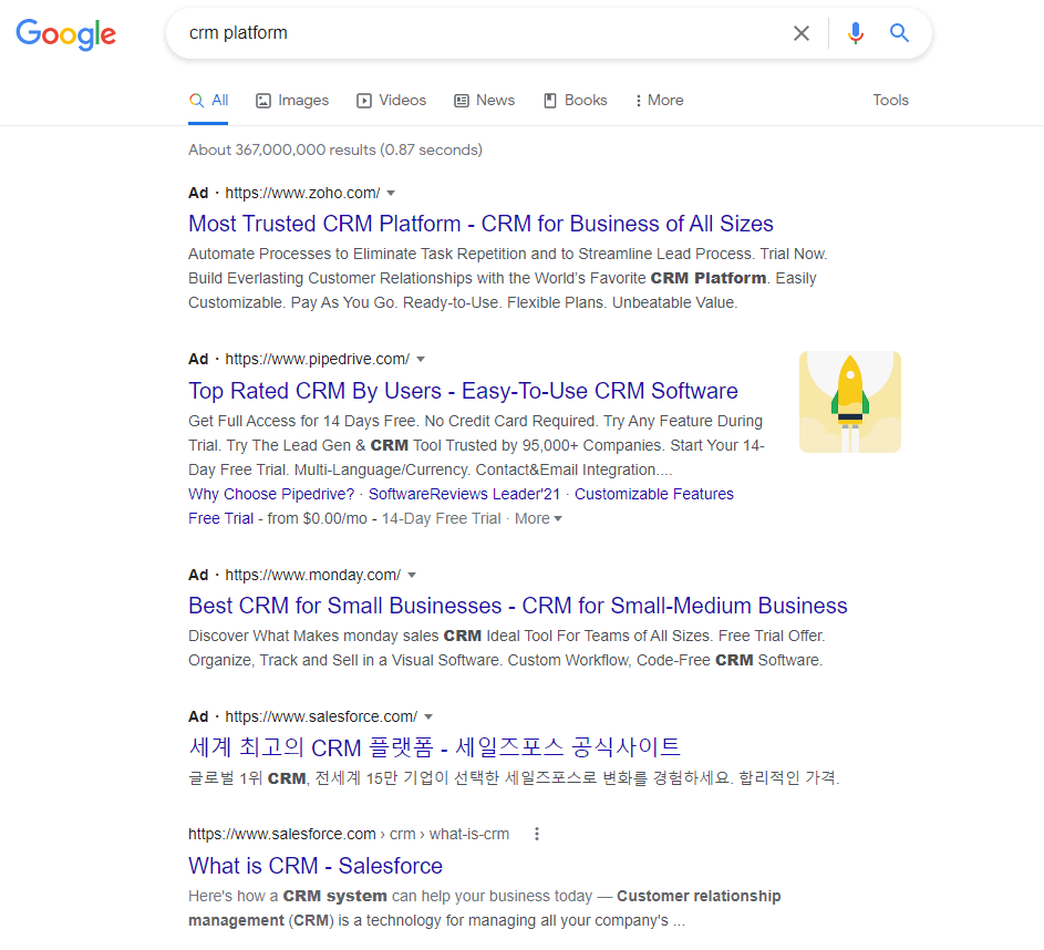 Google ads example showing CRM Platform