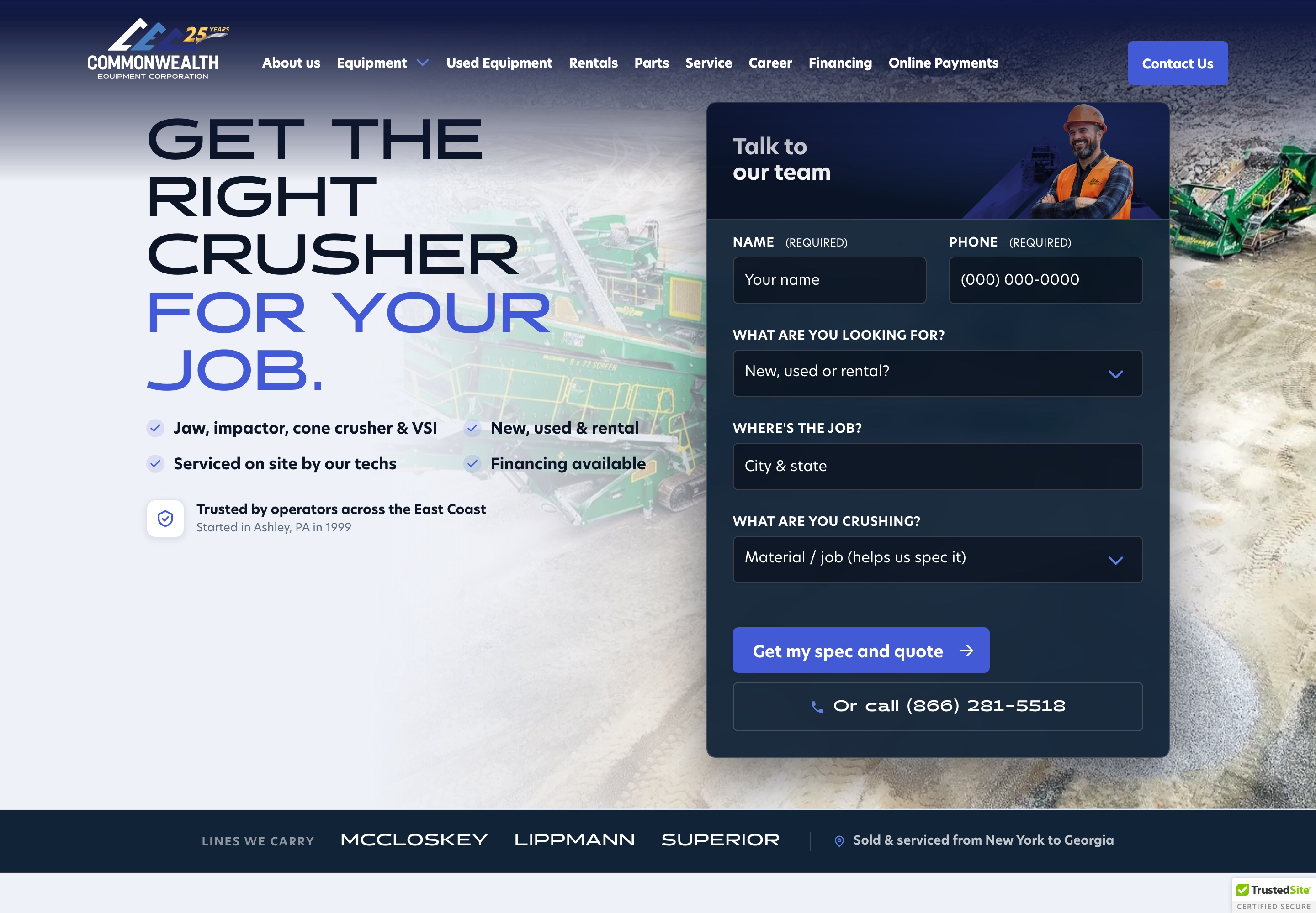 Commonwealth Equipment's crusher landing page, with a quote form that asks new, used or rental, where the job is and what is being crushed