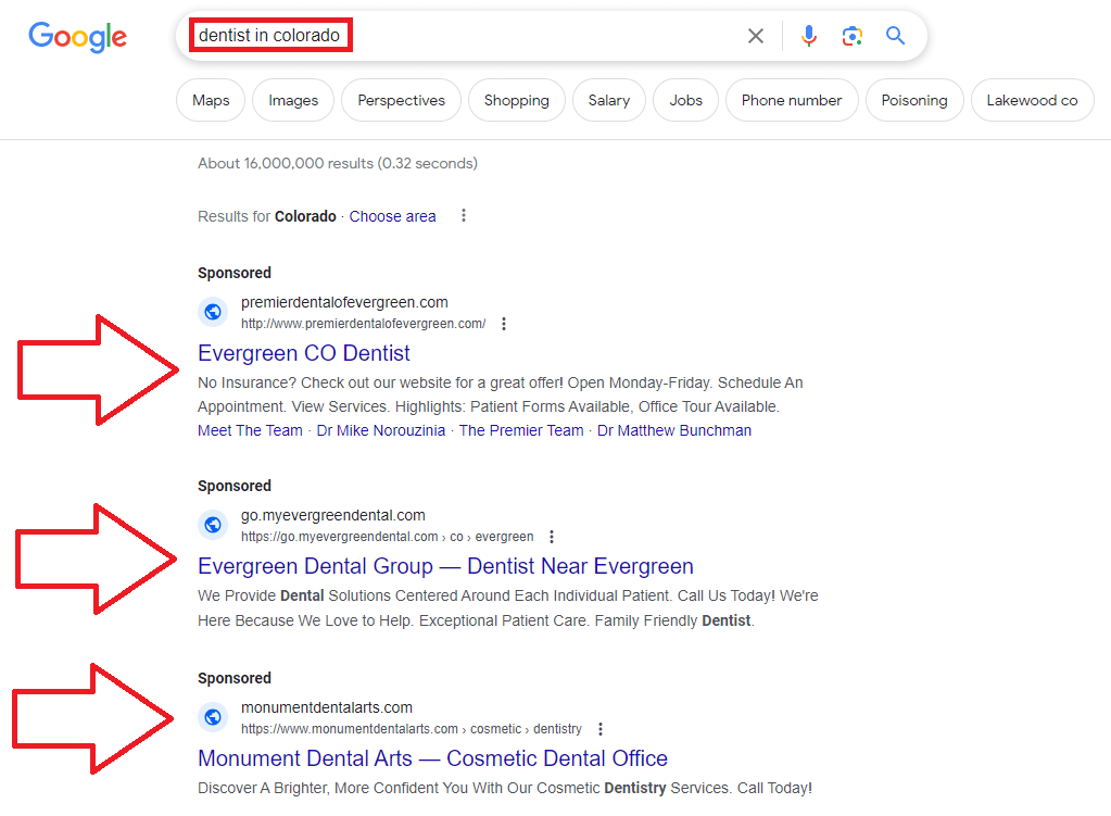 Google search for dentist in Colorado
