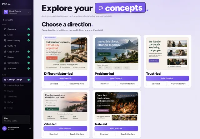 Example Postclick workspace comparing landing page design directions