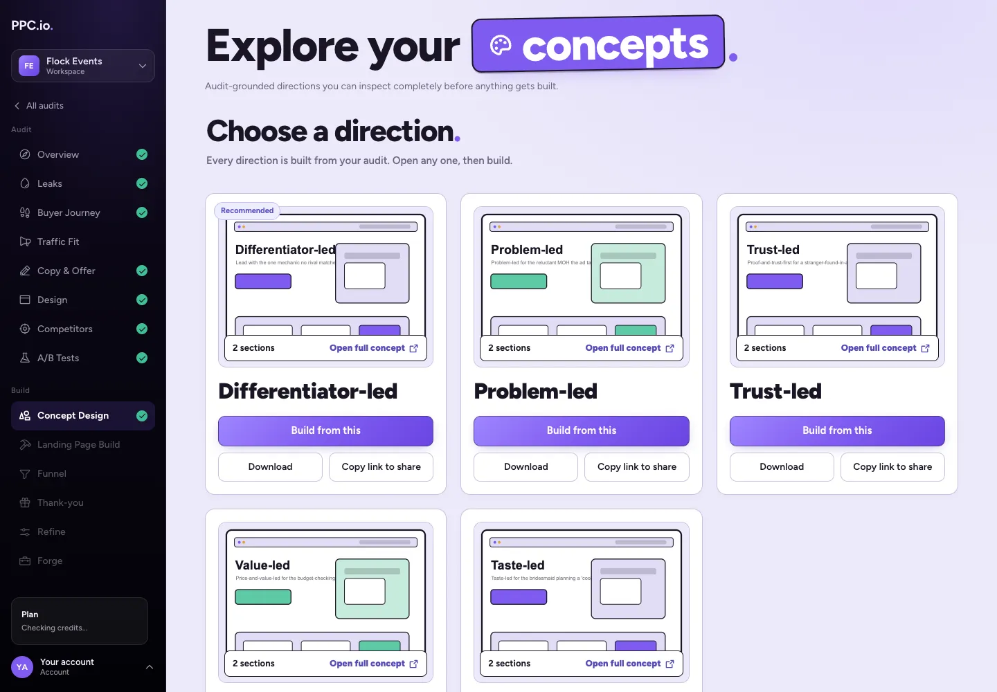 Postclick concept gallery showing multiple landing-page directions ready to build