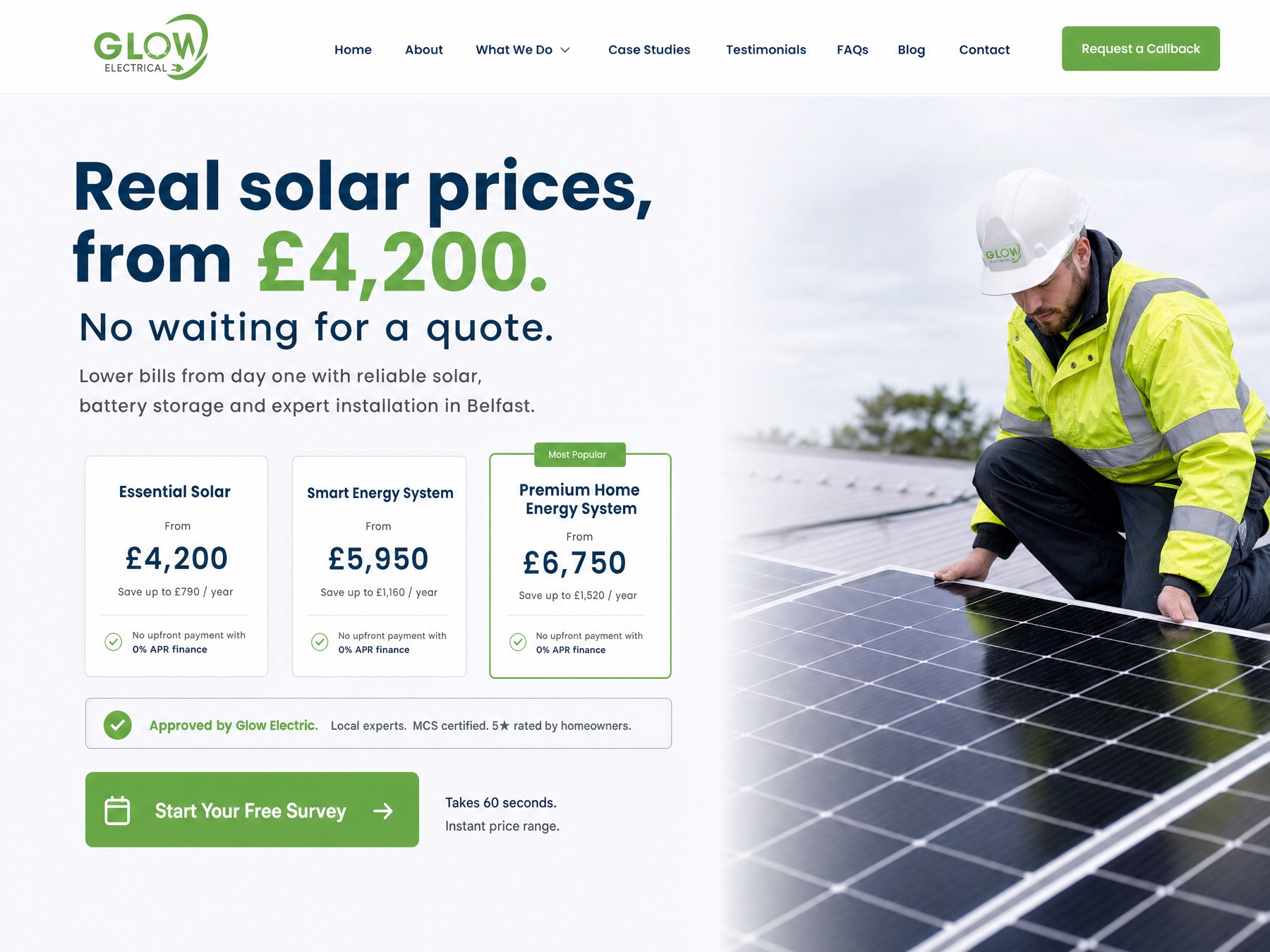 Glow Electric Postclick concept showing three solar prices clearly