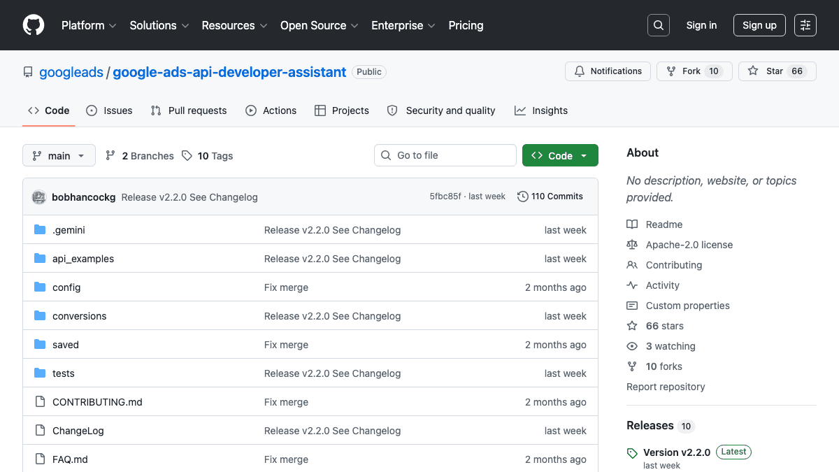 The Developer Assistant repo on GitHub showing v2.0 release with full v23 support