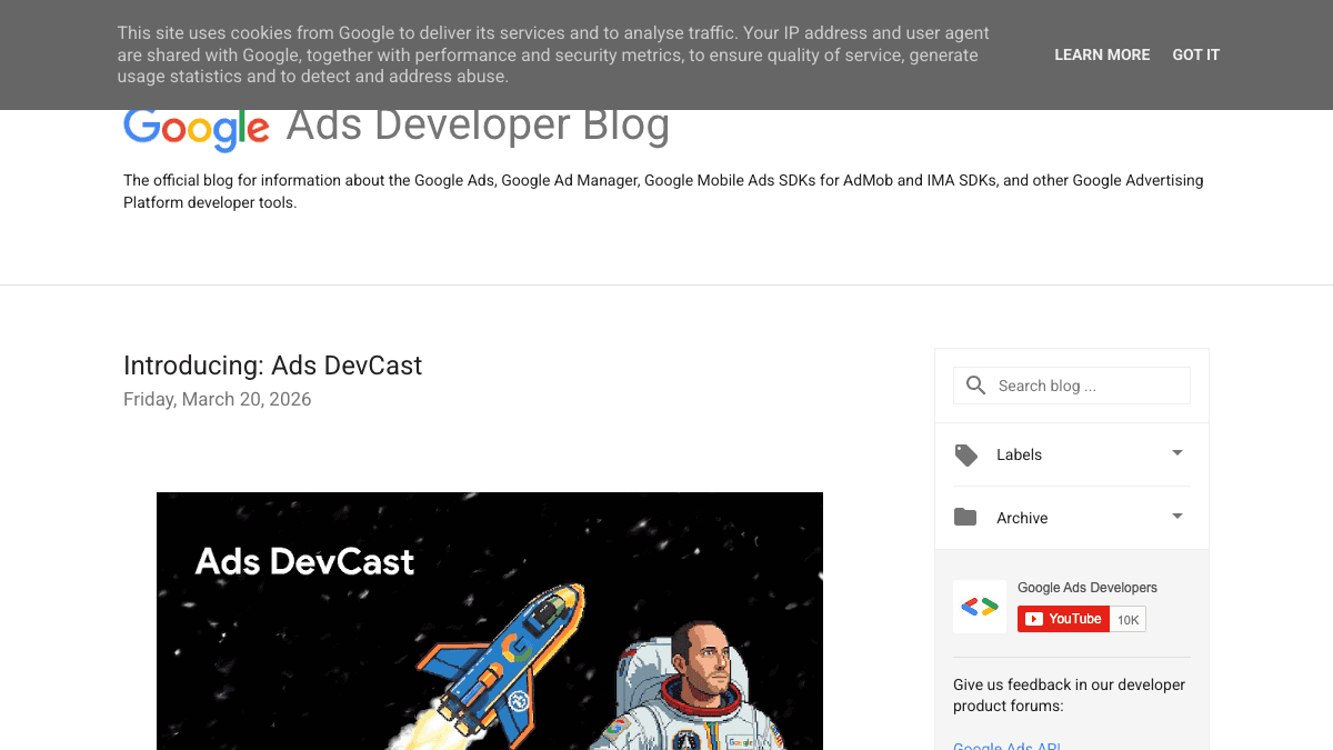 Google's Ads Developer Blog announcing the launch of Ads DevCast