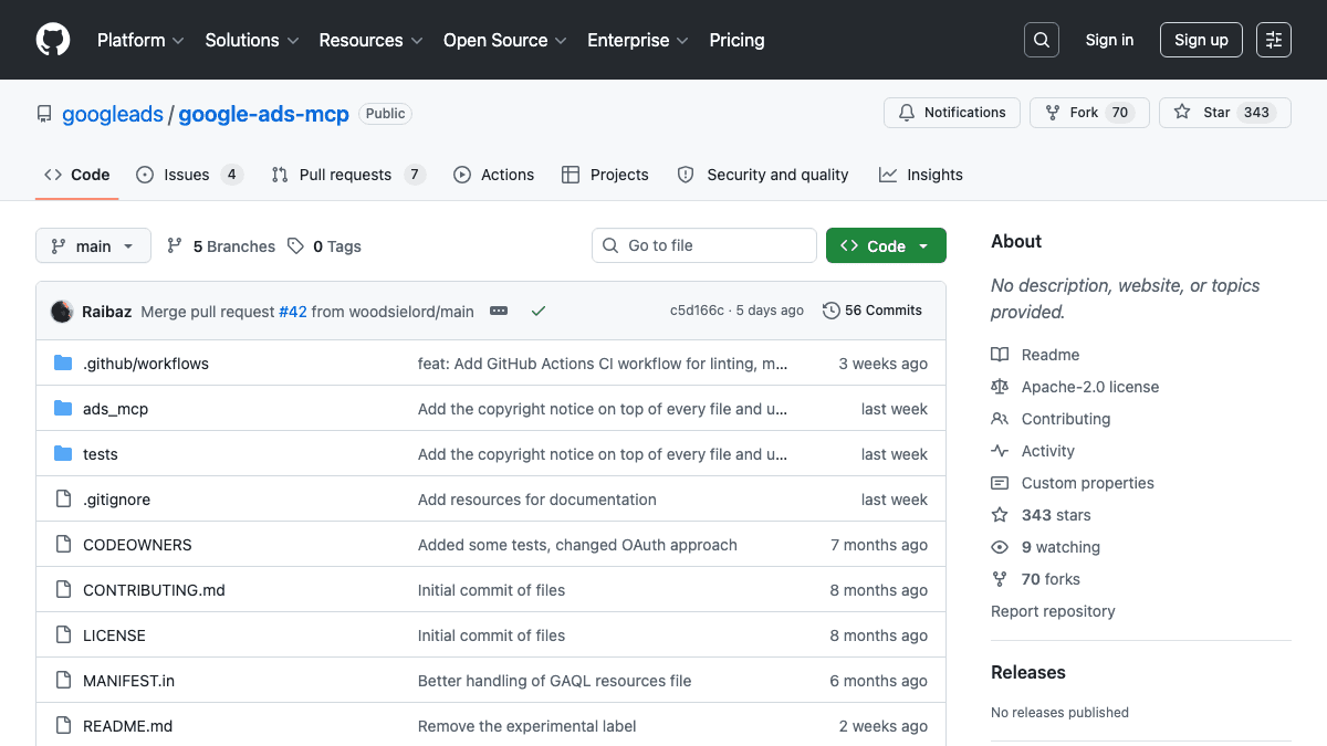Google's official MCP server repo on GitHub - open source and actively maintained
