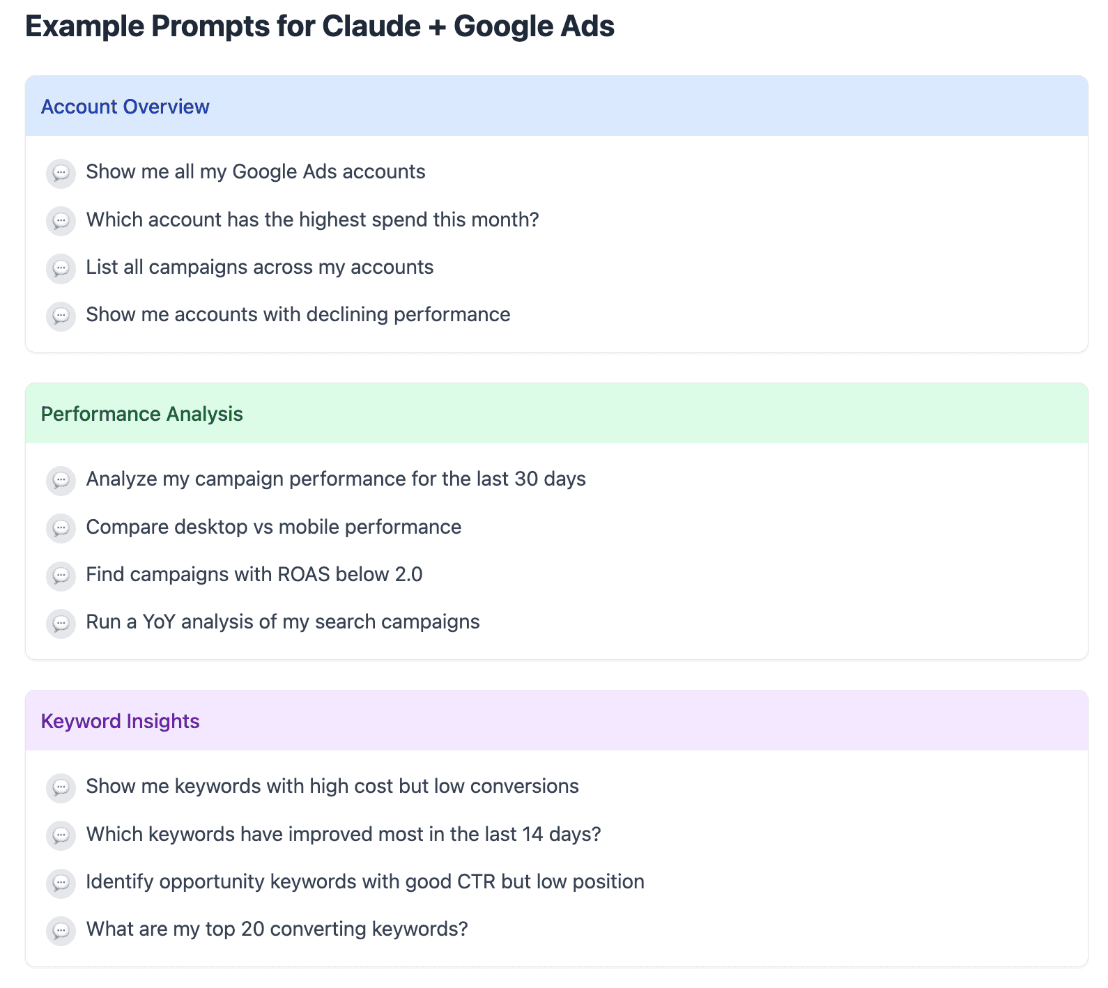 Google ads AI prompt ideas MCP